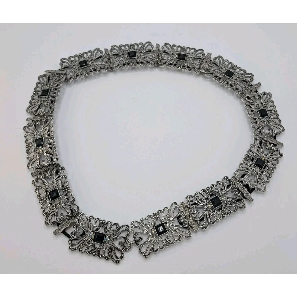 Coldwater Creek Marcasite w/ Black Glass & Rhinestone Buckle Silver Chain Belt